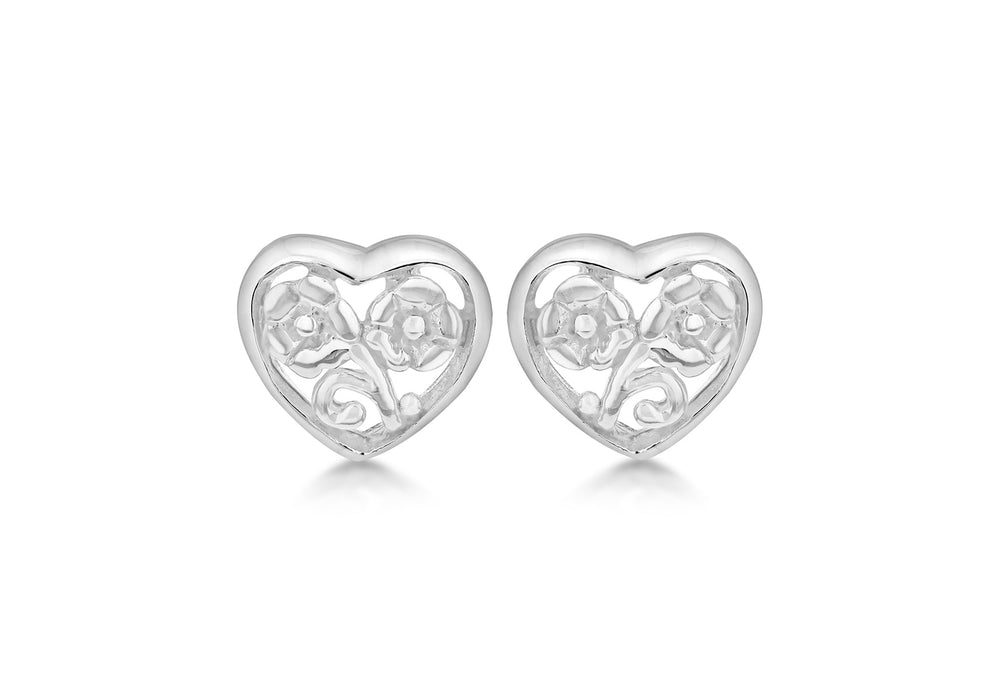 Sterling Silver Flower Heart Stud Earrings 