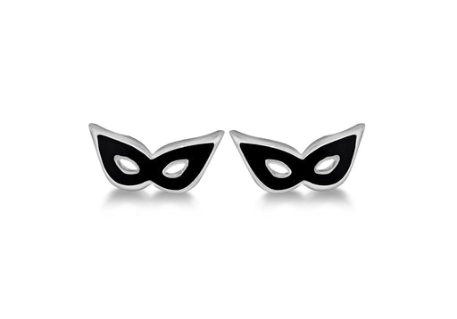 Sterling Silver Mask Rhodium Plated Black Enamel Stud Earrings 