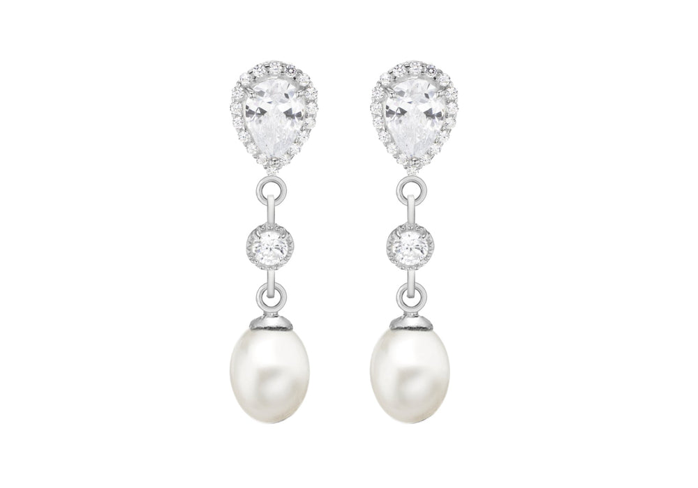 Sterling Silver Fresh Water Pearl and Zirconia  Stone Set Drop Earrings