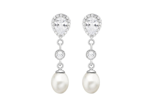 Sterling Silver Fresh Water Pearl and Zirconia  Stone Set Drop Earrings