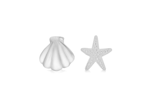 Sterling Silver 7.3mm x 8mm Starfish and 7.5mm x 7.6mm Shell Asymmetric Stud Earrings