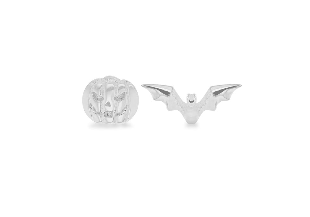 Sterling Silver 8.3mm x 6.7mm arved Pumpkin and 10.3mm x 4.9mm Bat Asymmetric Stud Earrings