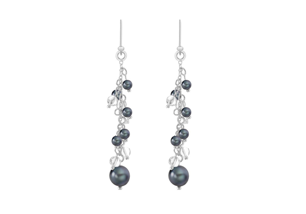 Sterling Silver Grey Pearl and Crystal Cluster Drop Earrings