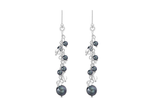 Sterling Silver Grey Pearl and Crystal Cluster Drop Earrings