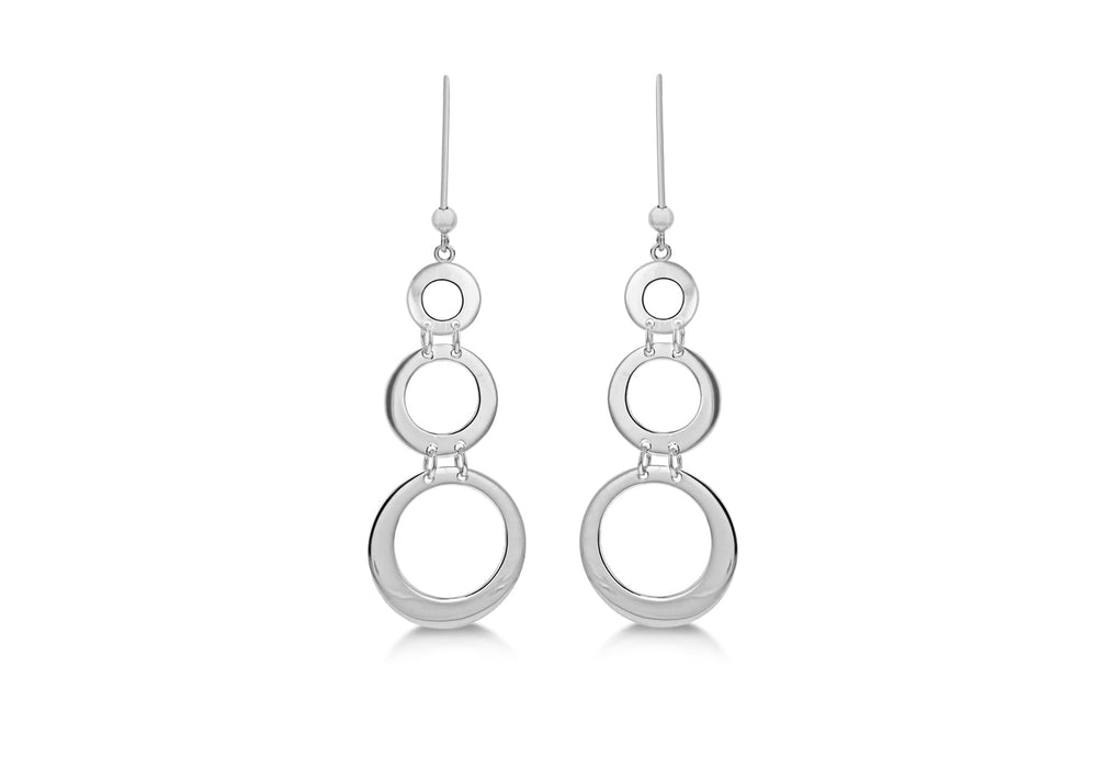 Sterling Silver Rhodium Plated Triple CutoCut Circle Graduated Drop Earrings