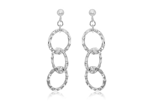 Sterling Silver Tri-Ring Hammered Drop Earrings 