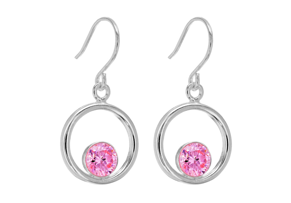 Sterling Silver Pink Zirconia  Circle Drop Earrings