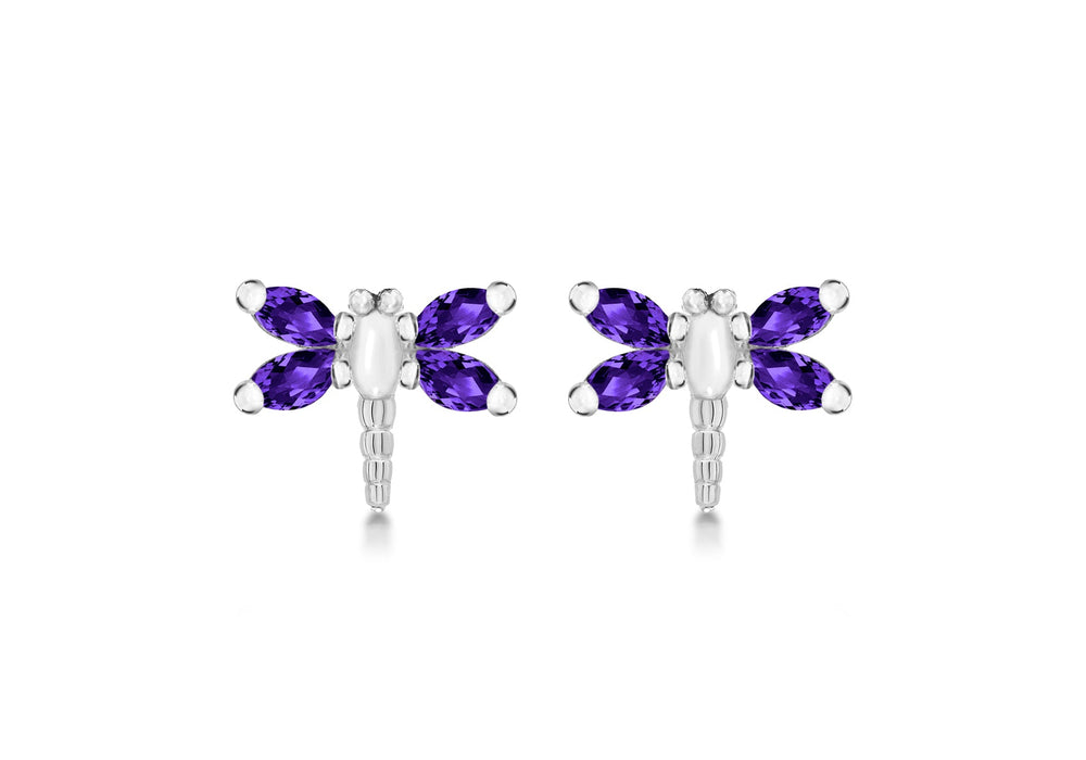 Sterling Silver Amethyst Stone Set Dragonfly Stud Earrings