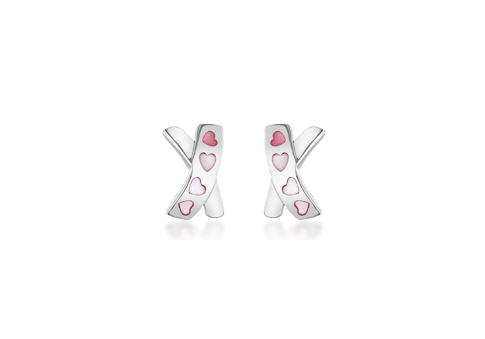 Sterling Silver Pink Mother of Pearl Heart Kiss Stud Earrings