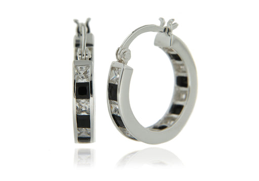 Sterling Silver Black and White Zirconia Creole Earrings