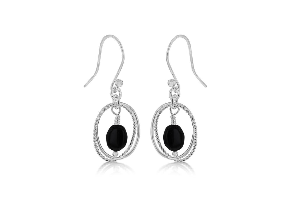 Sterling Silver Oval Black Stone Earrings 