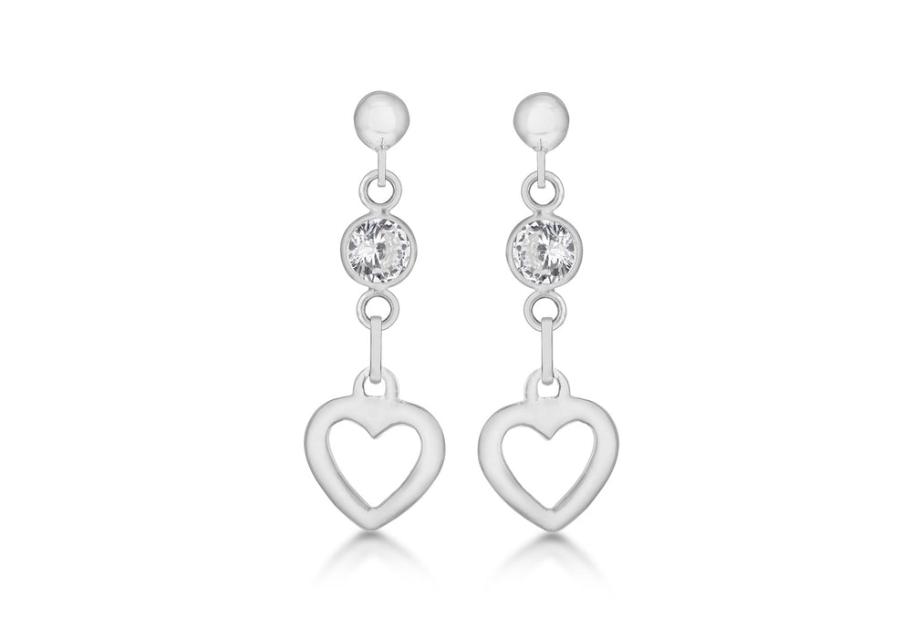 Sterling Silver White Zirconia Cutout Heart Disc Drop Earrings 