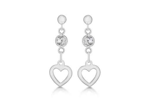 Sterling Silver White Zirconia Cutout Heart Disc Drop Earrings 