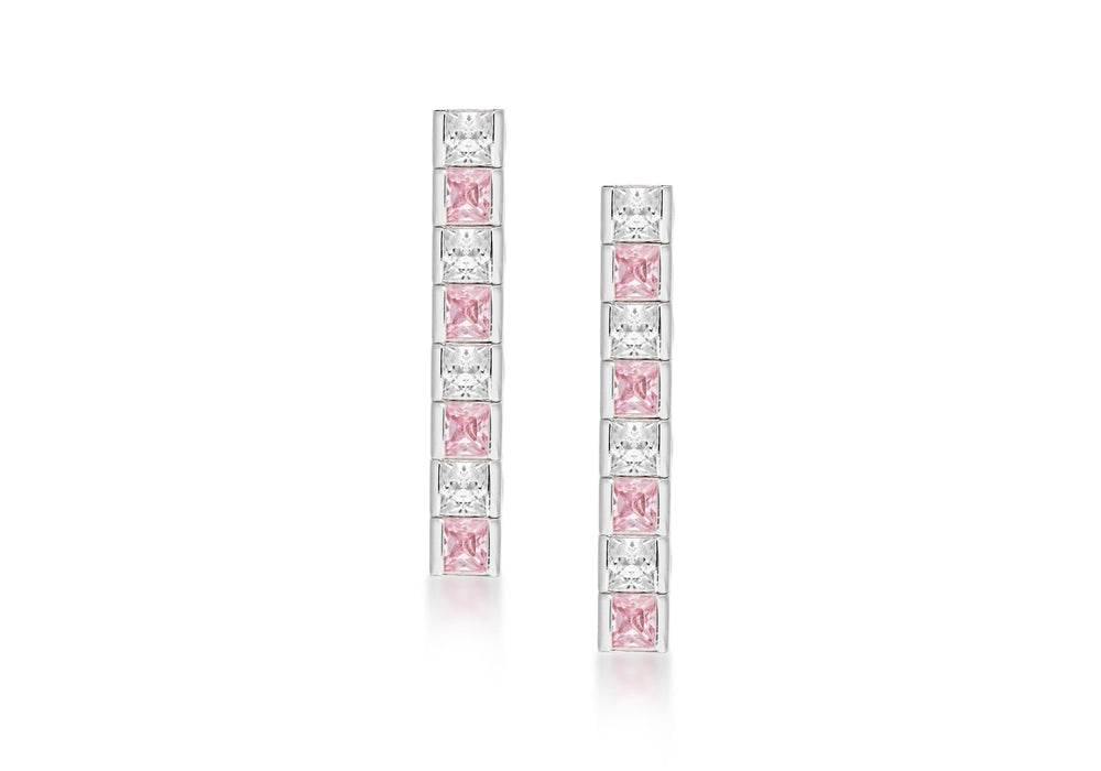 Sterling Silver Pink and White Zirconia  Tennis Drop Earrings