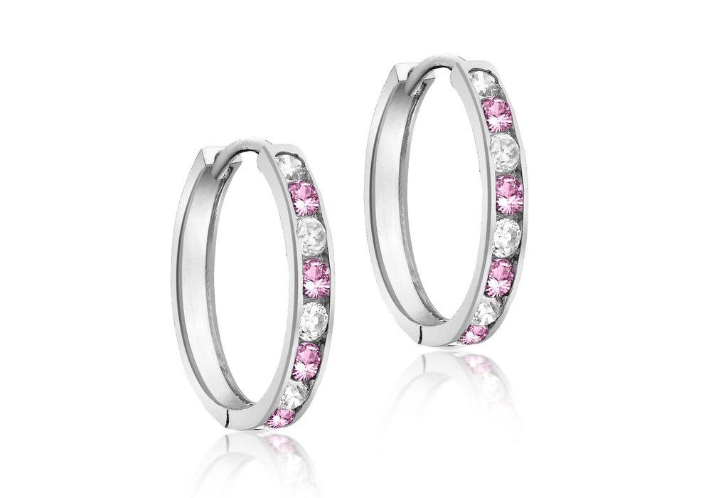 Sterling Silver Pink and White Zirconia  Channel Set Hoop Earrings