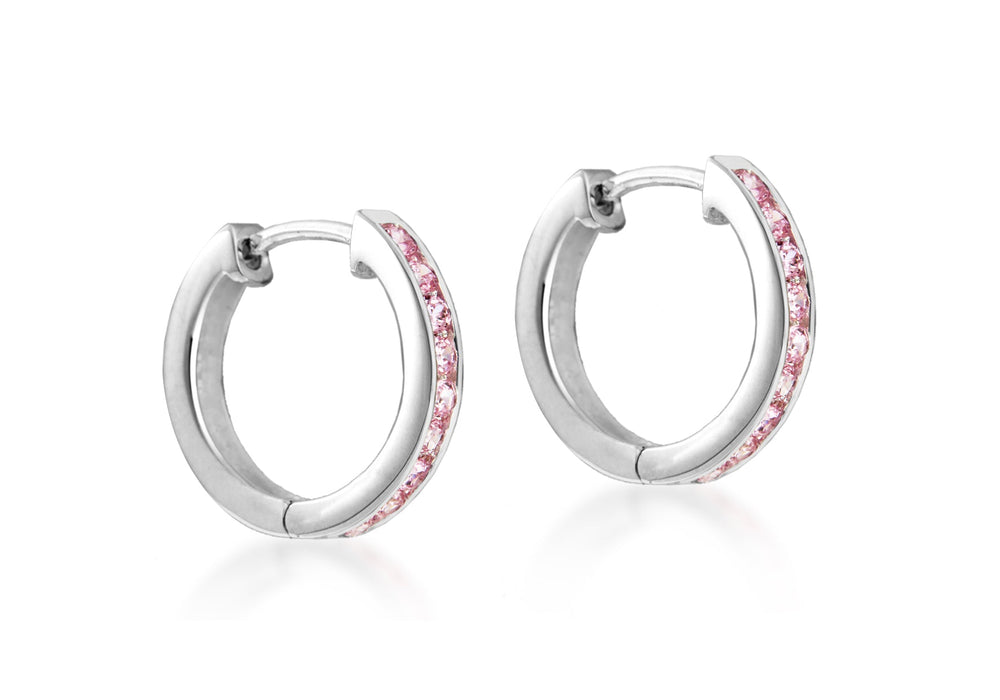 Sterling Silver 17mm Channel Set Pink Zirconia  Hoop Earrings