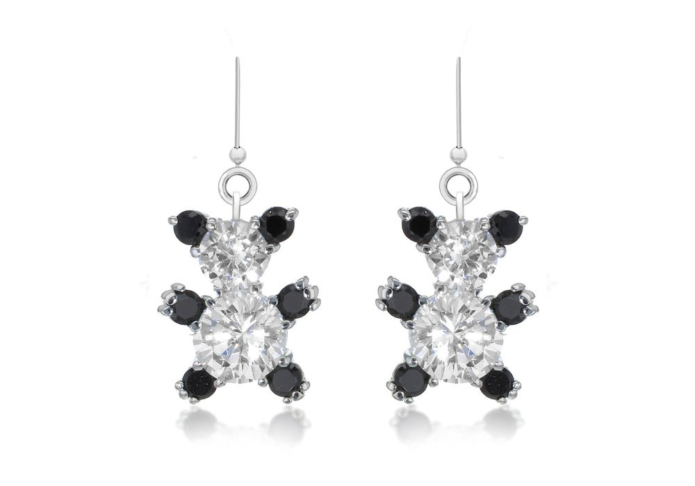 Sterling Silver Black & White Zirconia Set Teddy Drop Earrings