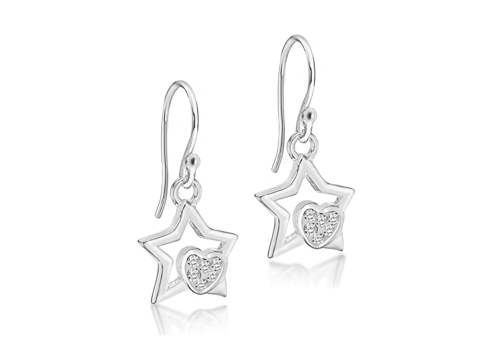 Sterling Silver White Zirconia Star & Heart Drop Earrings 