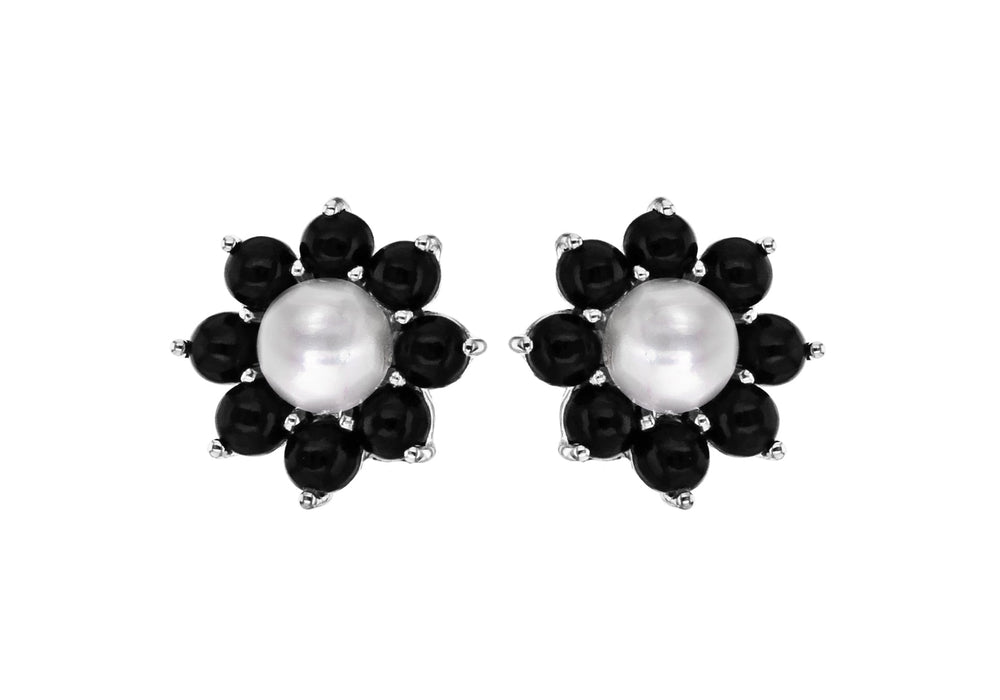 Sterling Silver Pearl & Onyx Flower Cluster Stud Earrings 