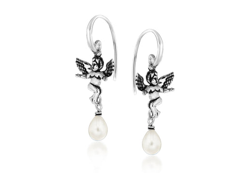 Sterling Silver Cherub Pearl Drop Earrings