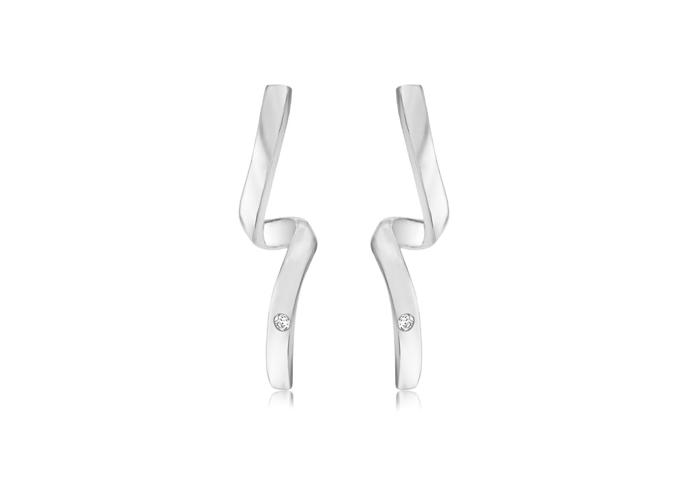 Sterling Silver White Zirconia Twisted Taper Drop Earrings 