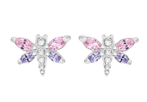 Sterling Silver Pink and Purple Zirconia Dragonfly Stud Earrings 