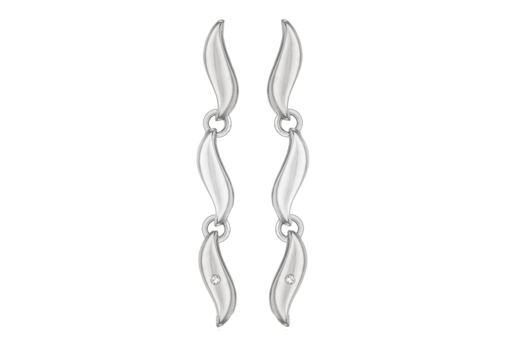 Sterling Silver Rhodium Plated Diamond Wave Link Drop Earrings