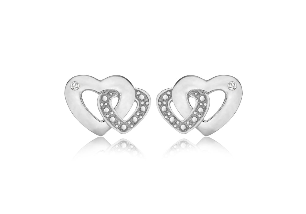 Sterling Silver Rhodium Plated Diamond Set Double-Heart Stud Earrings