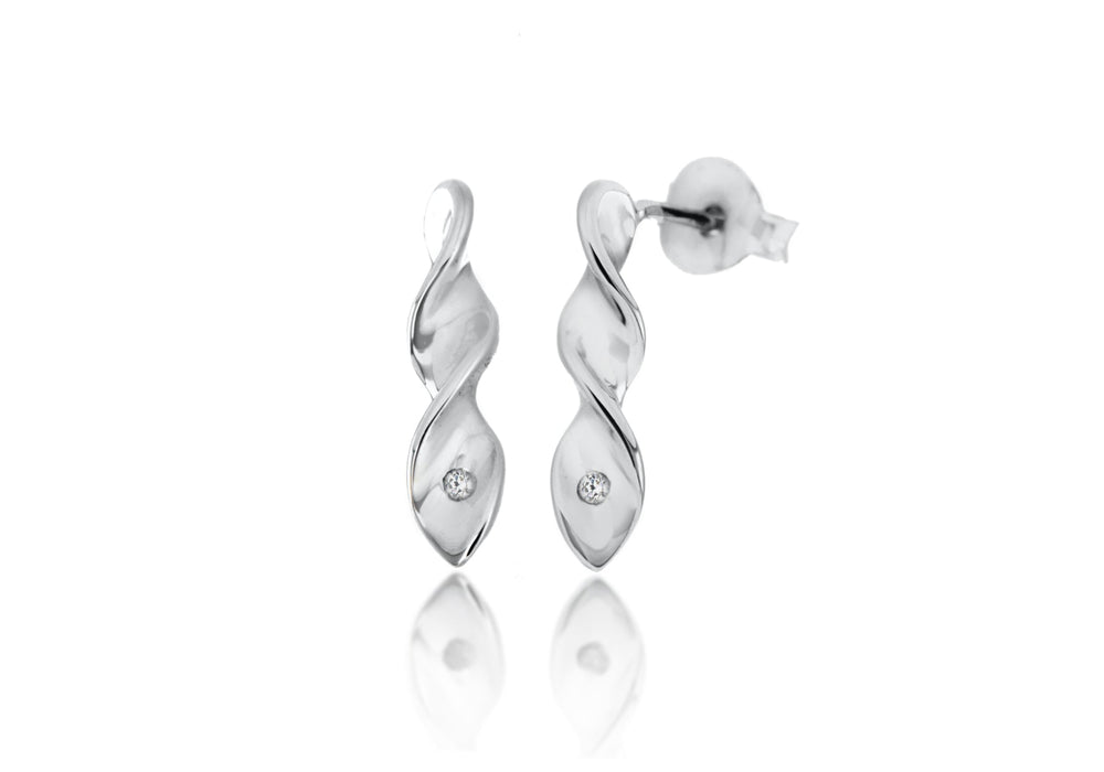 Sterling Silver Rhodium Plated Diamond Set Twist Drop Earrings