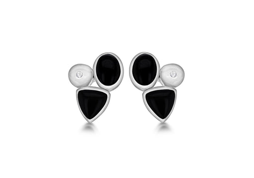 Sterling Silver Rhodium 0.02ct Diamond & Onyx Stud Earrings 