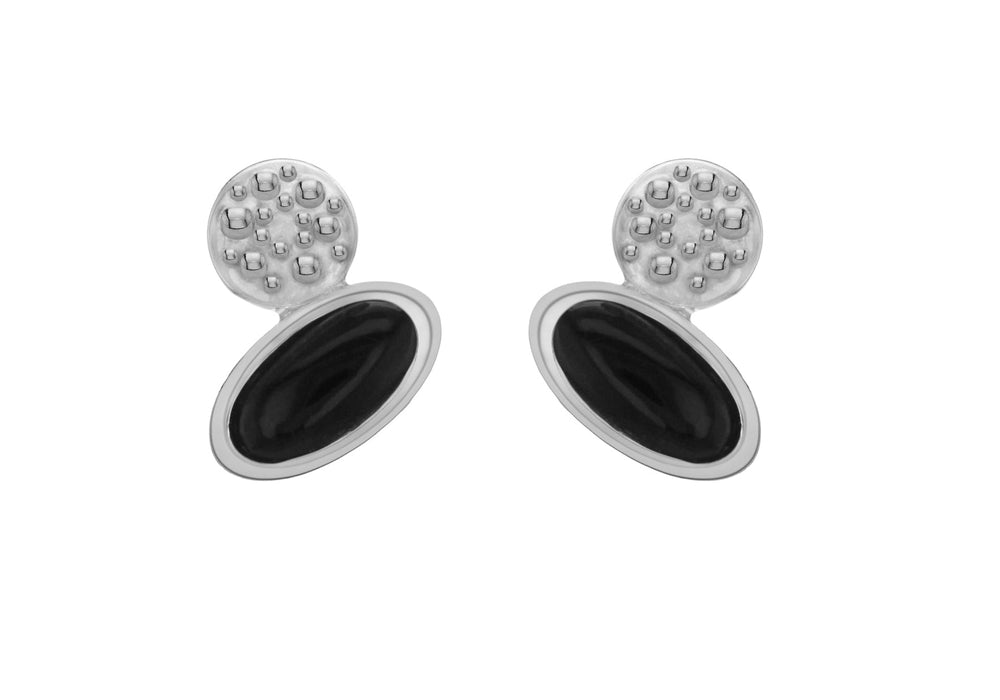 Sterling Silver Rhodium Plated Diamond and Onyx Stud Earrings