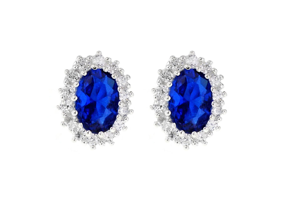 Sterling Silver Blue and White Zirconia Set Cluster Oval Stud Earrings