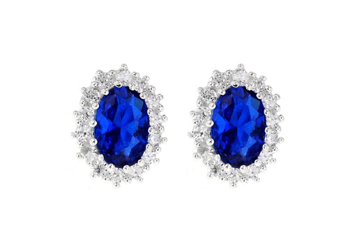 Sterling Silver Blue and White Zirconia Set Cluster Oval Stud Earrings