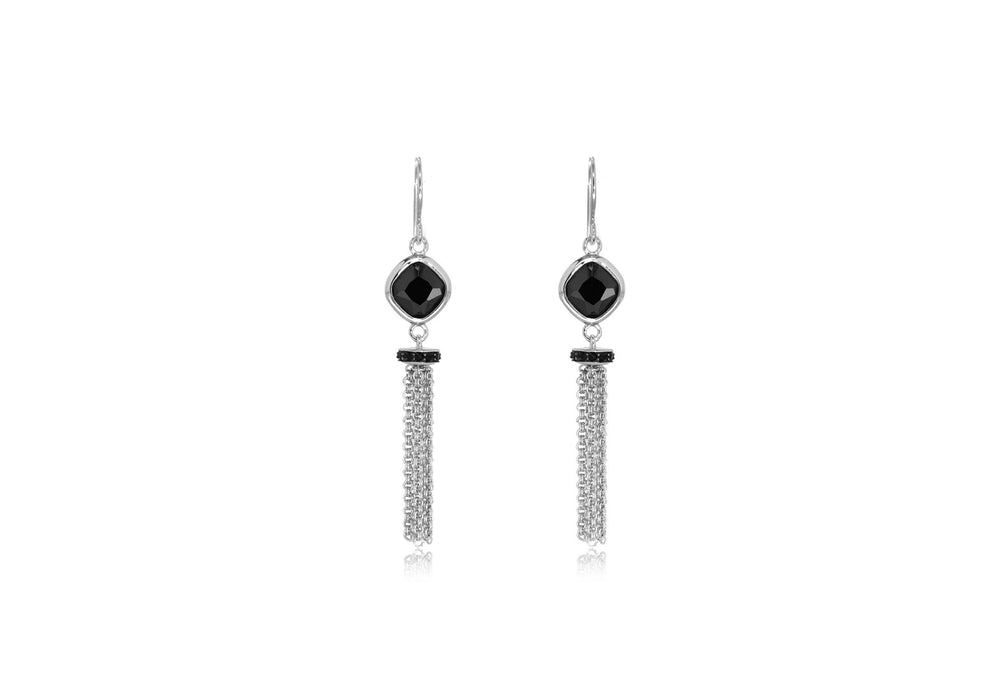 Sterling Silver Rhodium Plated Black Zirconia Set Tassel Drop Earrings