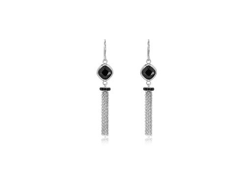 Sterling Silver Rhodium Plated Black Zirconia Set Tassel Drop Earrings