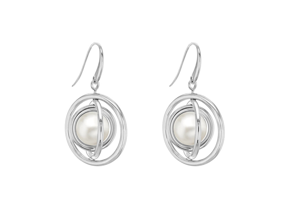 Sterling Silver Rhodium Plated Spinning Pearl Drop Earrings