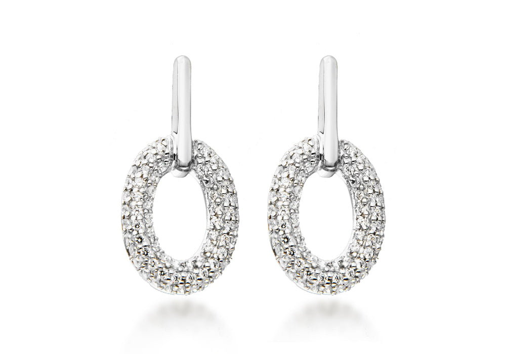 Sterling Silver Pave Set Zirconia  Oval Drop Stud Earrings