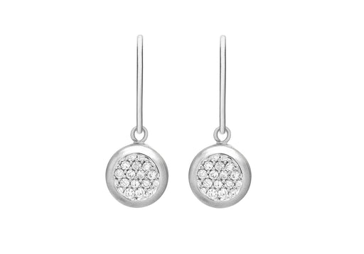 Sterling Silver Rhodium Plated Pave Set Zirconia  Disc Drop Earrings