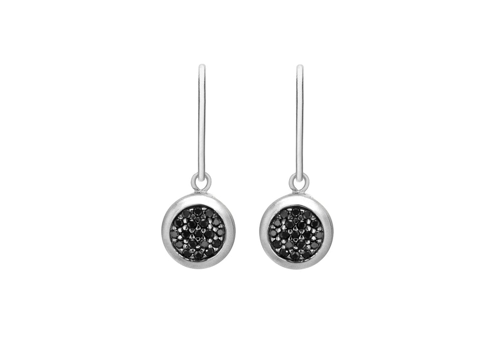 Sterling Silver Rhodium Plated Pave Set Black Zirconia Disc Drop Earrings