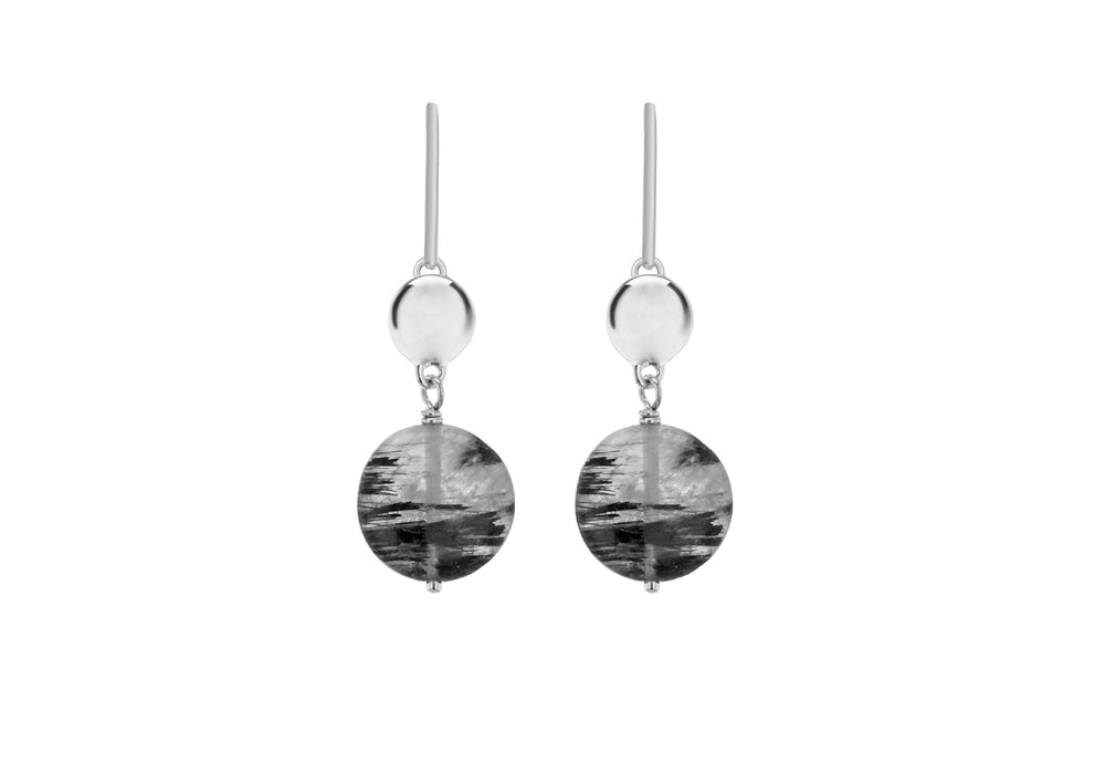 Sterling Silver Rhodium Plated Black RCutillated Quartz Drop Earrings