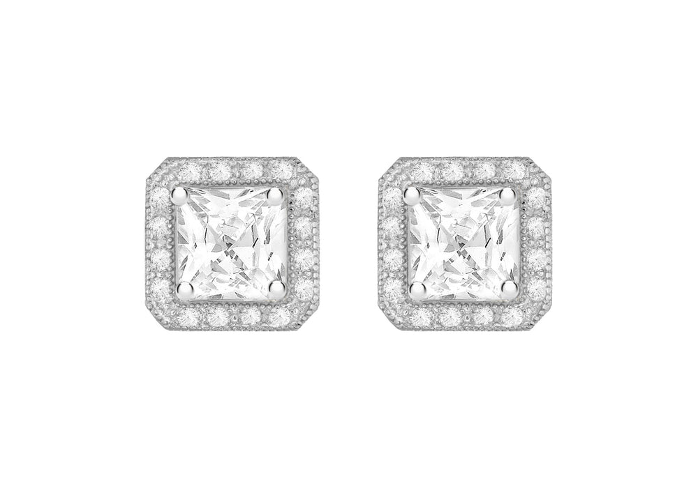 Sterling Silver Rhodium Plated Zirconia Square Stud Earrings