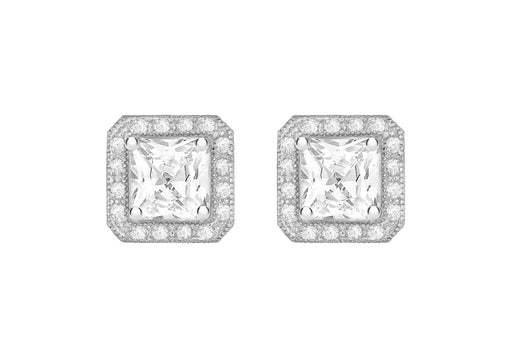 Sterling Silver Rhodium Plated Zirconia Square Stud Earrings