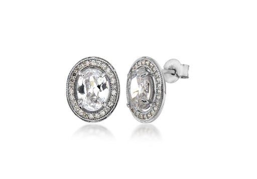 Sterling Silver Rhodium Plated Zirconia  Oval Stud Earrings