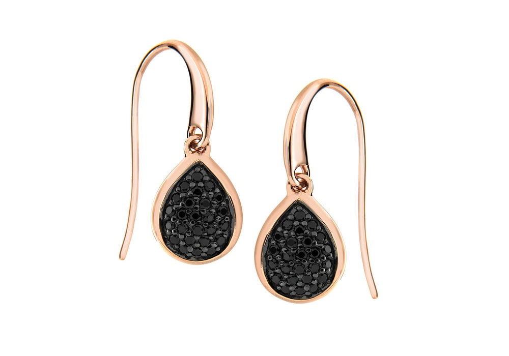 Sterling Silver Rose Gold Plated Pave Set Black Zirconia Teardrop Earrings