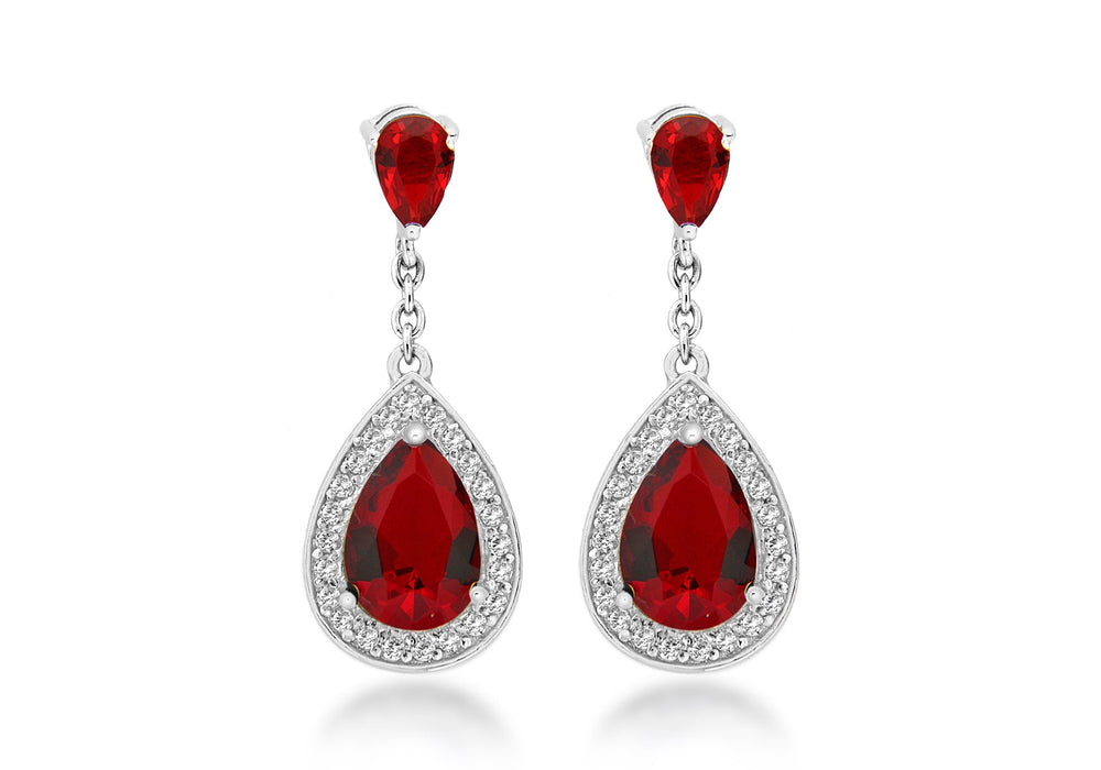 Sterling Silver Red and White Zirconia  Teardrop Earrings