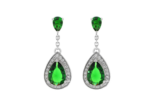 Sterling Silver Green and White Zirconia  Stone Set Teardrop Earrings