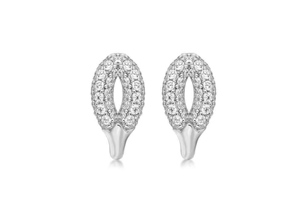 Sterling Silver Pave Set Zirconia  Elliptic Stud Earrings