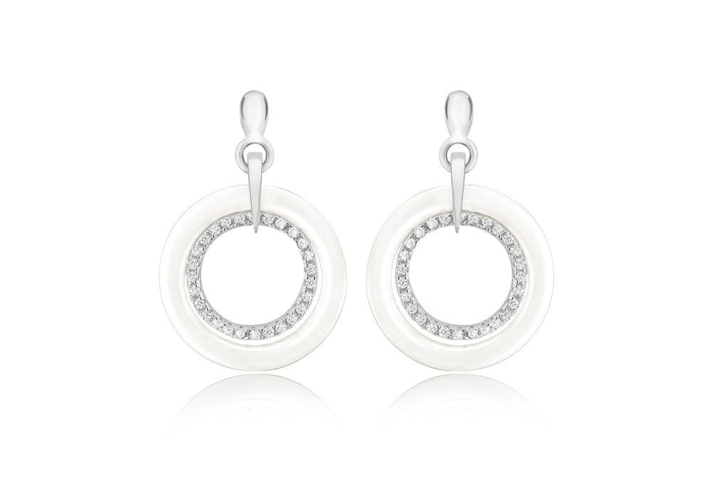 Sterling Silver Rhodium Plated Pave Set Zirconia  and White Ring Earrings