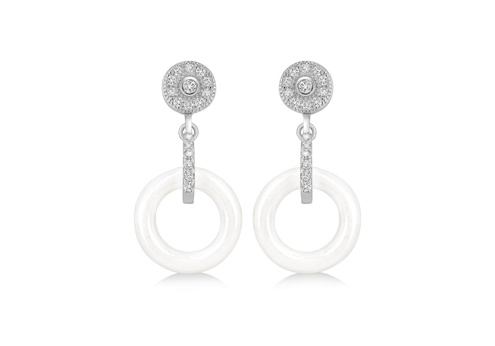 Sterling Silver Rhodium Plated White Ceramic Zirconia  Cluster Drop Earrings