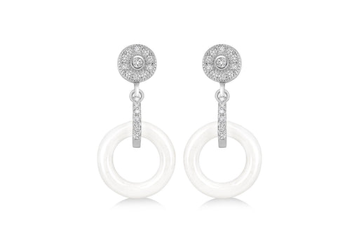 Sterling Silver Rhodium Plated White Ceramic Zirconia  Cluster Drop Earrings